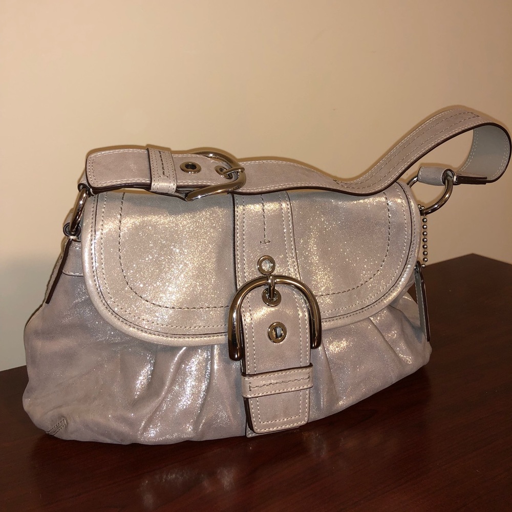 Coach handbag, shimmery sueded fabric, silver hardware